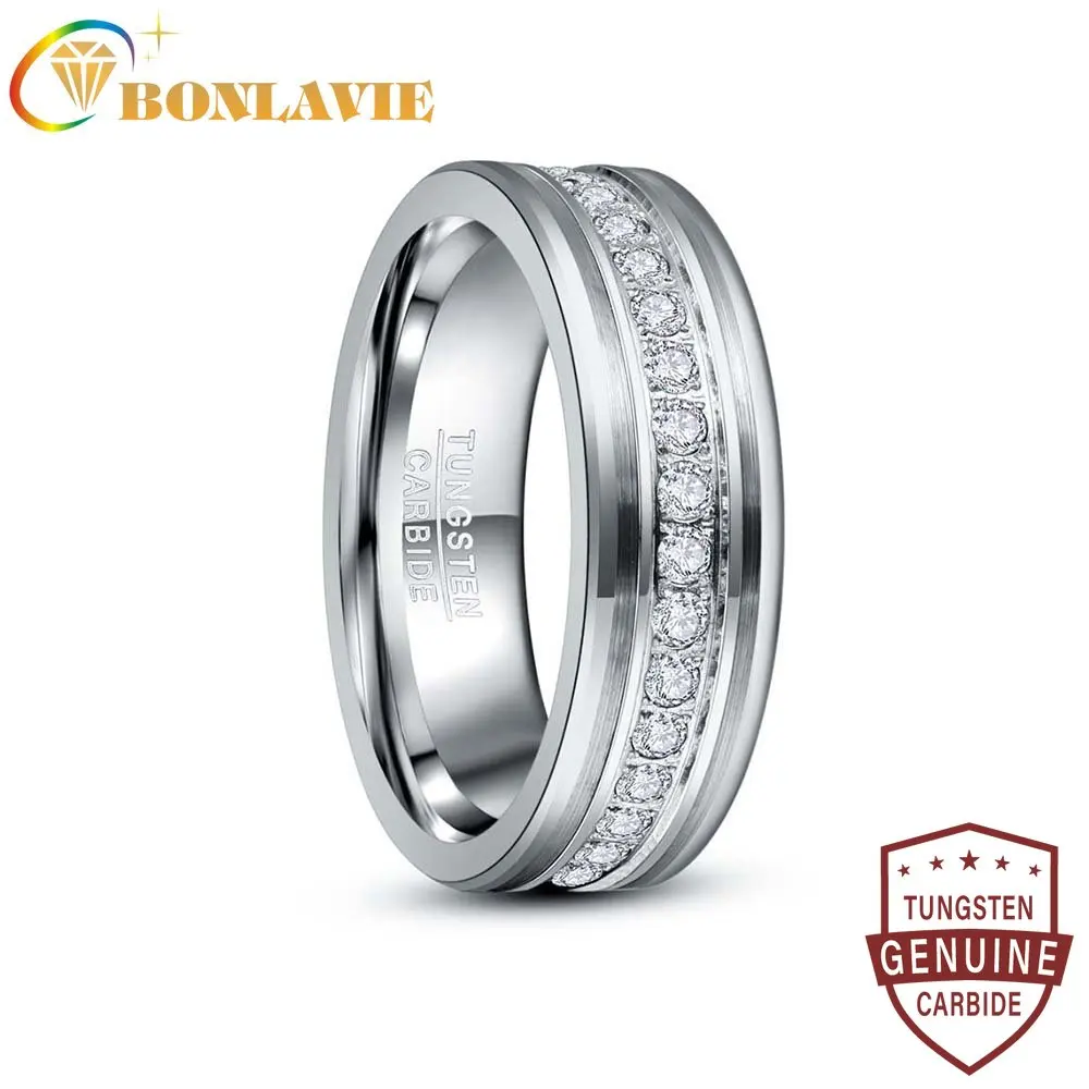 

BONLAVIE 8mm Middle Row Zircon Tungsten Steel Wedding Ring Fashion Tungsten Carbide Ring Jewelry Gift for Men Size 7-12