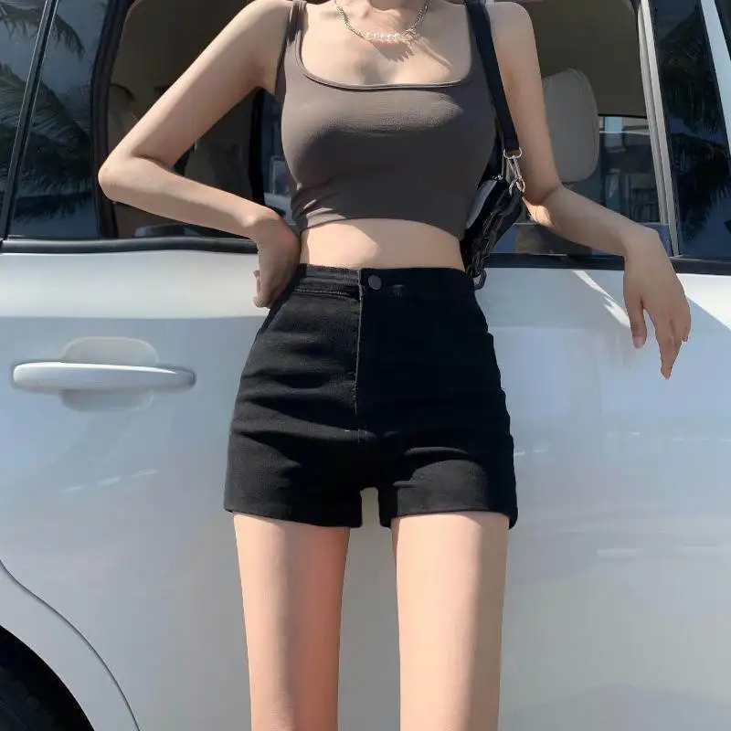 Summer New High Waisted Black Slim Spicy Girl A-line Denim Shorts Women Button Zippered Pocket Elasticity Sexy Buttocks Shorts