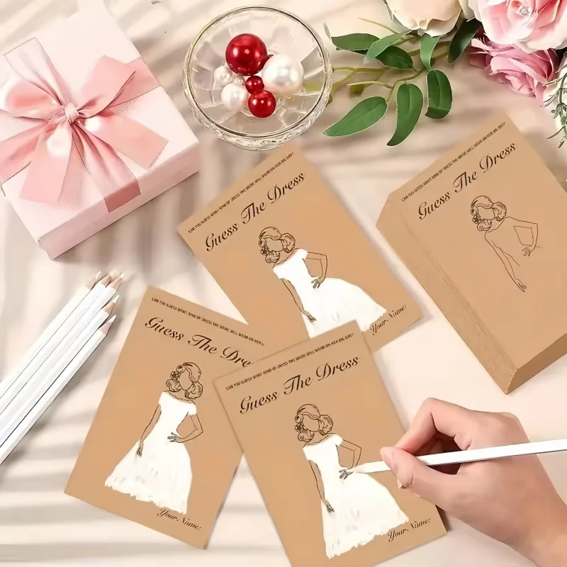 20 pieces/set of fun guessing dress card games, decoration for wedding and engagement parties, with pencil bridal wish cards