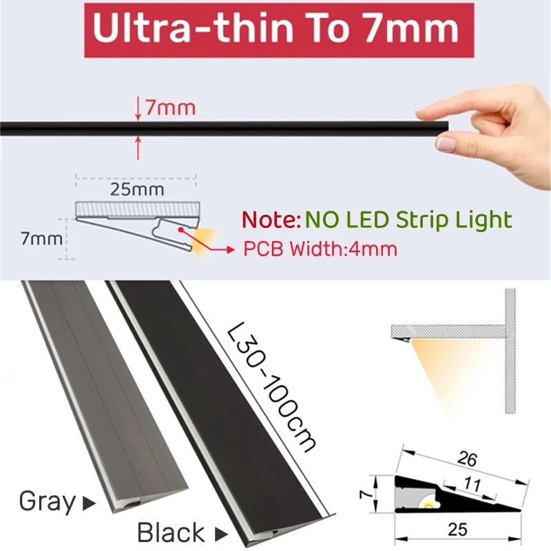 Invisible H7mm LED Oblique Beam Aluminum Profile Surface Mounted Ultra-thin Cabinet Layer Edge Shelf Panel Hard Bar Strip Lights led cabinet light led light led light bar