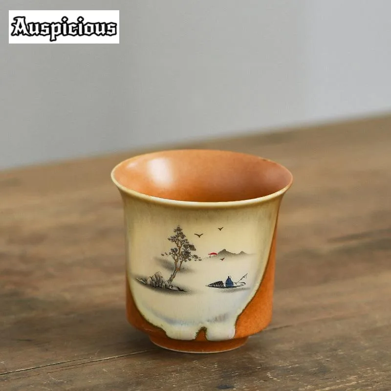 Tea Cup 120ml Antique Soda Galze Ceramic Teacup Retro Ink River Fishing Master Cup Japanese Coarse Pottery Large Mug Kung Fu Teaset Gift