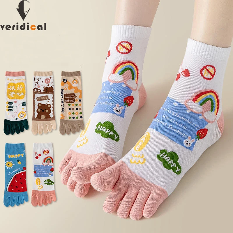 

5 Pairs Cute 5 Finger Socks Women Girl Cartoon Colorful Flowers Bear Watermelon Young Casual Fashion Happy Toe Socks Harajuku