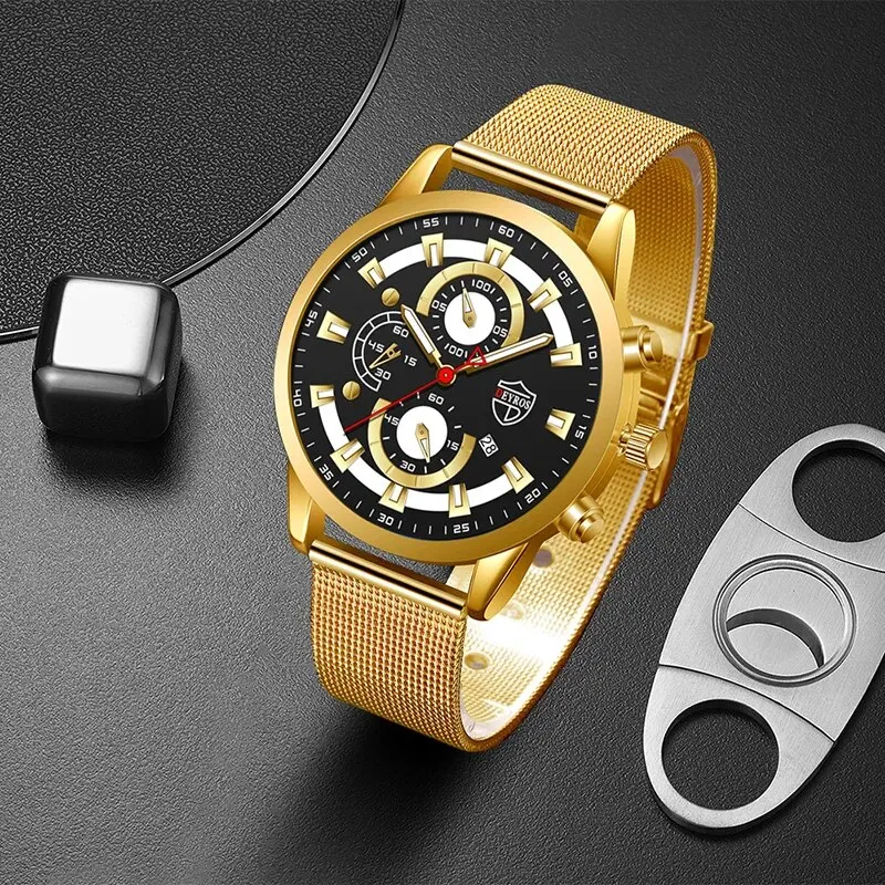 Montre Homme Deyros Quartz – Acier Inoxydable Doré, Bracelet Métal, Idée Cadeau