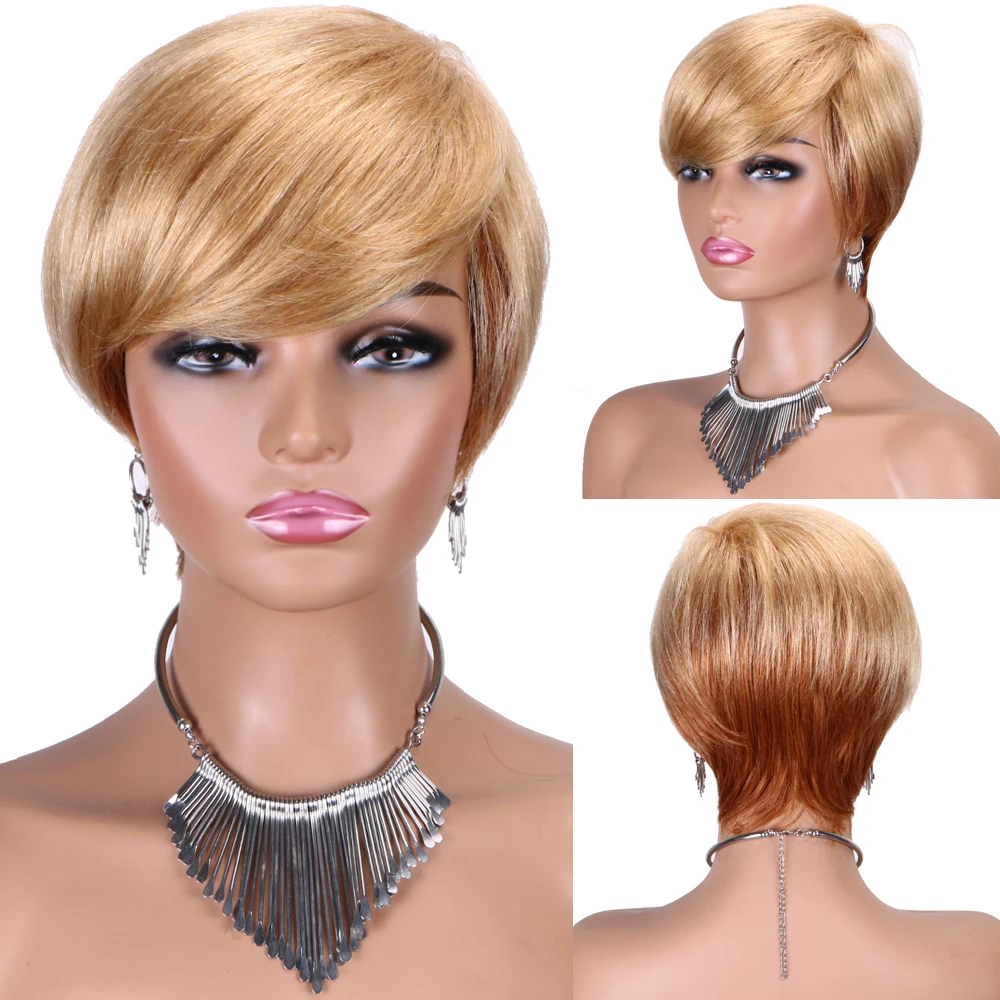 

Blonde Mixed Ginger Human Hair Wigs With Bangs Short Straight Wig Fashion Pixie Cut Blonde Hair for Women Party Daily Use Wigs