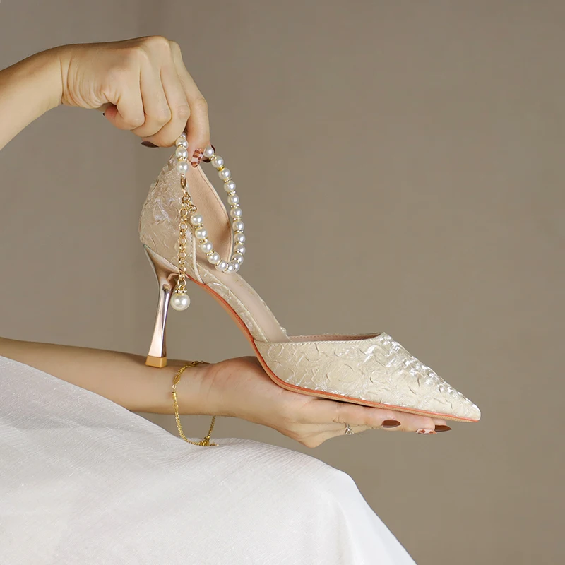 Summer 2024 New Women's Sandals Pointed Toe Pearl Pleated Face Stiletto Banquet Dress Shoes