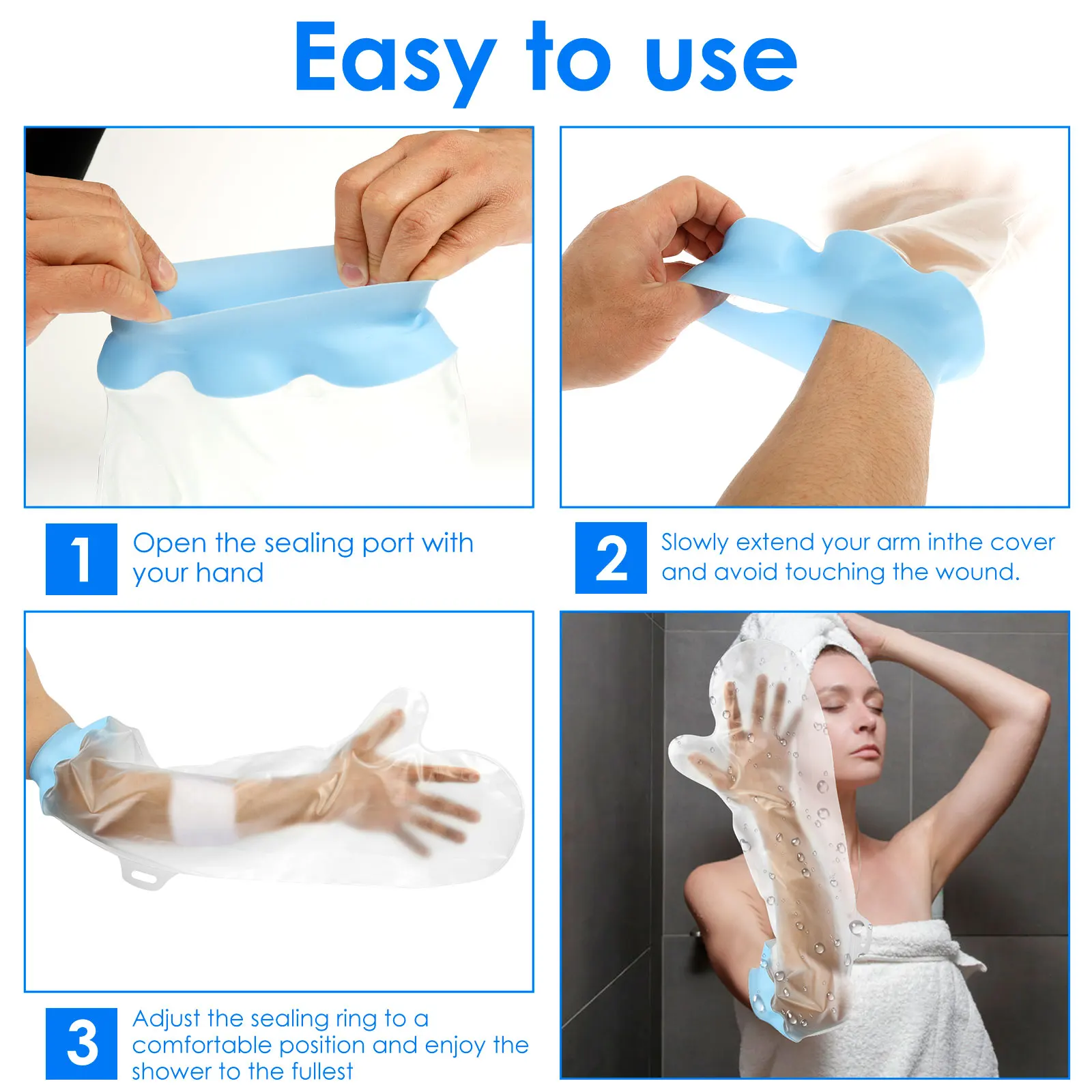 Waterproof Cast Cover Short Palm/Long Arm Shower Arm Protector with Elastic Opening Soft Comfortable Wound Bathing Bag for Adult