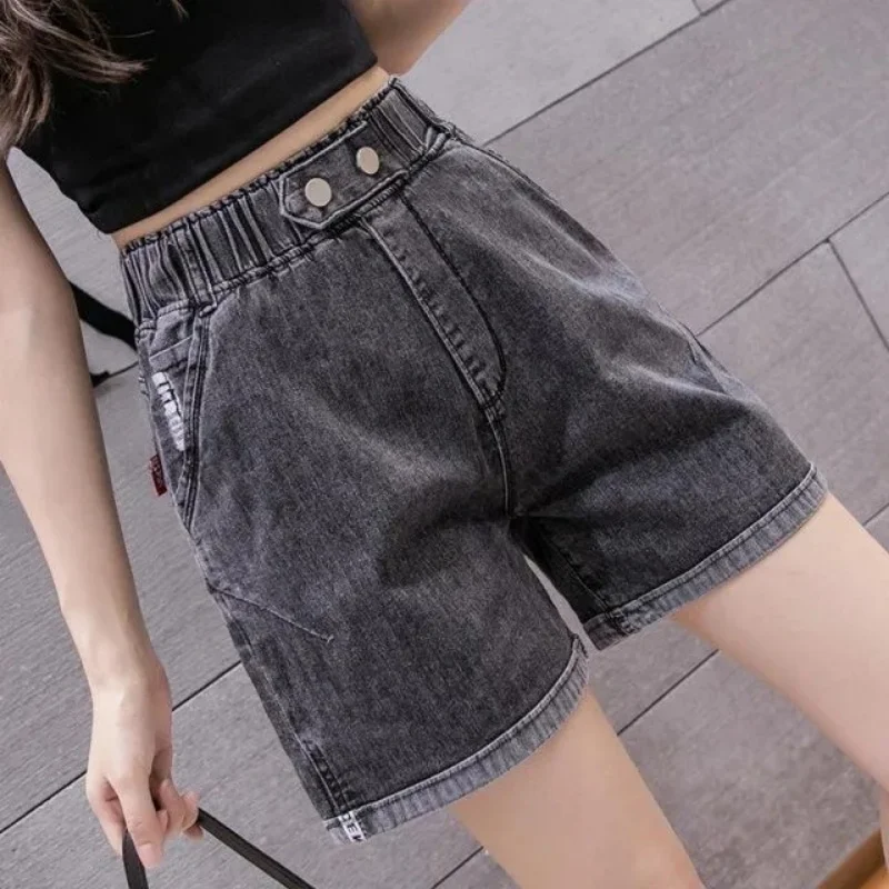 Large Size Elastic Waist Wide Leg Denim Shorts For Women Pantalones Cortos New High Waist Loose And Slim A-Line Elastic Pants