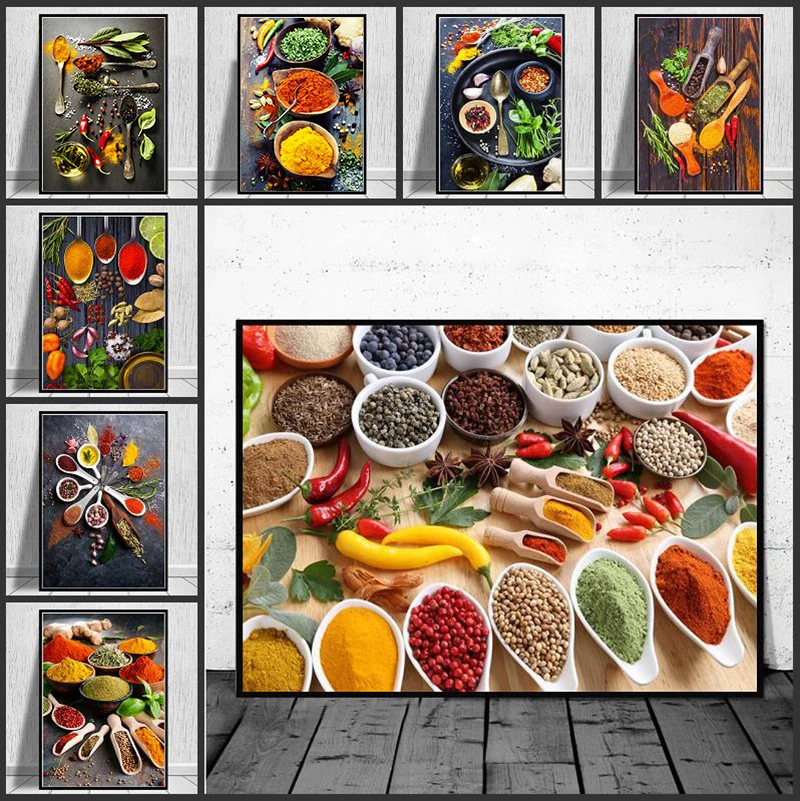 Kitchen Theme Decoration Posters Grains Spices Spoon Peppers Canvas Print Painting Dining Room Wall Art Pictures for Home Decor