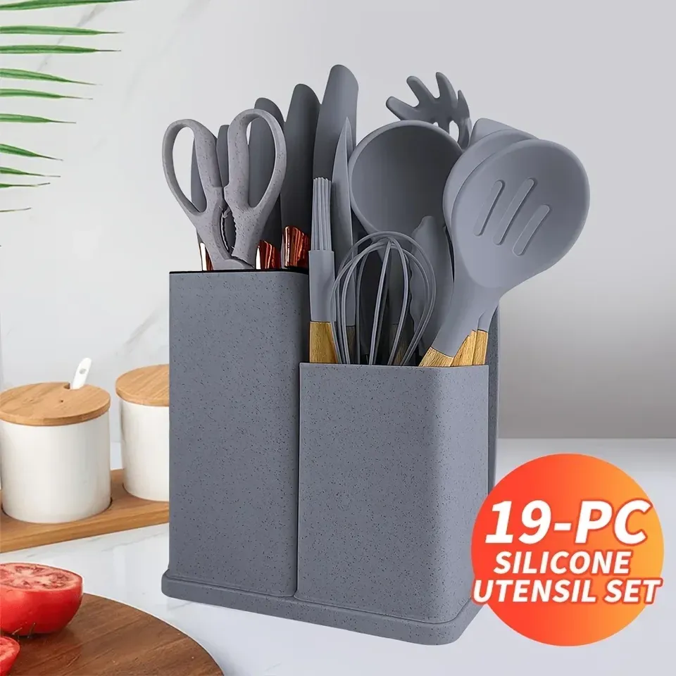 19 Pcs Non-Stick Silicone Kitchen Utensil Set with Knives Heat-Resistant Tools in Bamboo Storage Perfect for Cooking