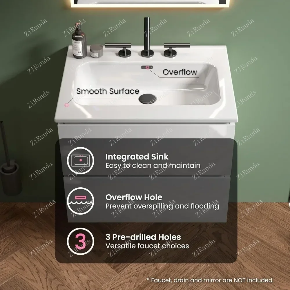 Bathroom vanity with washbasin, modern floating toilet set with double soft closure drawers, 24 inches