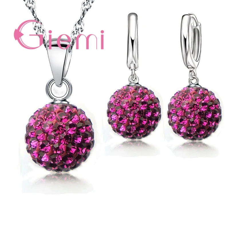 Jewelry Set 925 Sterling Silver Austrian Crystal Ball Lever Back Earring Pendant Necklace for Woman