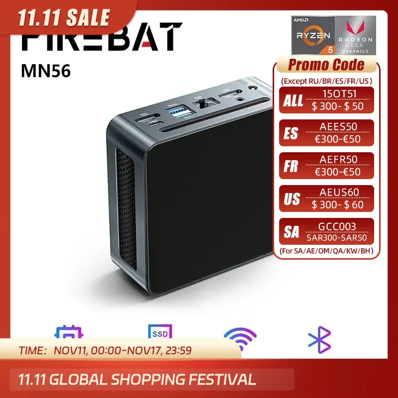  FIREBAT MN56 Mini PC Gamer AMD Ryzen 5 5600H Windows 11 DDR4 Nvme SSD MiniPC WIFI6 BT5.2 For Gaming Desktop Computer 