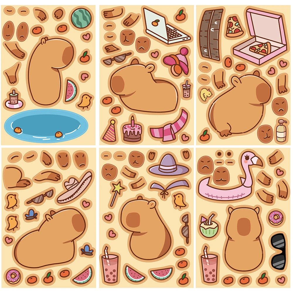 8/16sheets DIY Capybara Animal Puzzle Stickers Kawaii Cartoon Sticker Scrapbooking Guitar Car Suitcase Kids Waterproof Decal Toy 6pcs pack weekend flowers deco stickers scrapbooking styling journal toy deco album diy stationery stickers