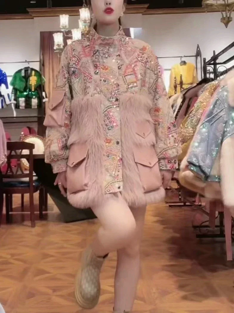 Fashionable Warm Fox Fur Jacket Sequined Woolen Cotton-Padded Coat for Women Winter Thickened Imitation Fur Socialite Fur Coat