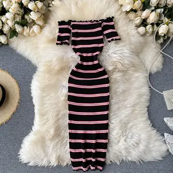 Summer Women Vintage Slash Neck Sundress Short Sleeve Knitted Dress Edible Tree Fungus Striped Elastic Bodycon Wrap Dress 1