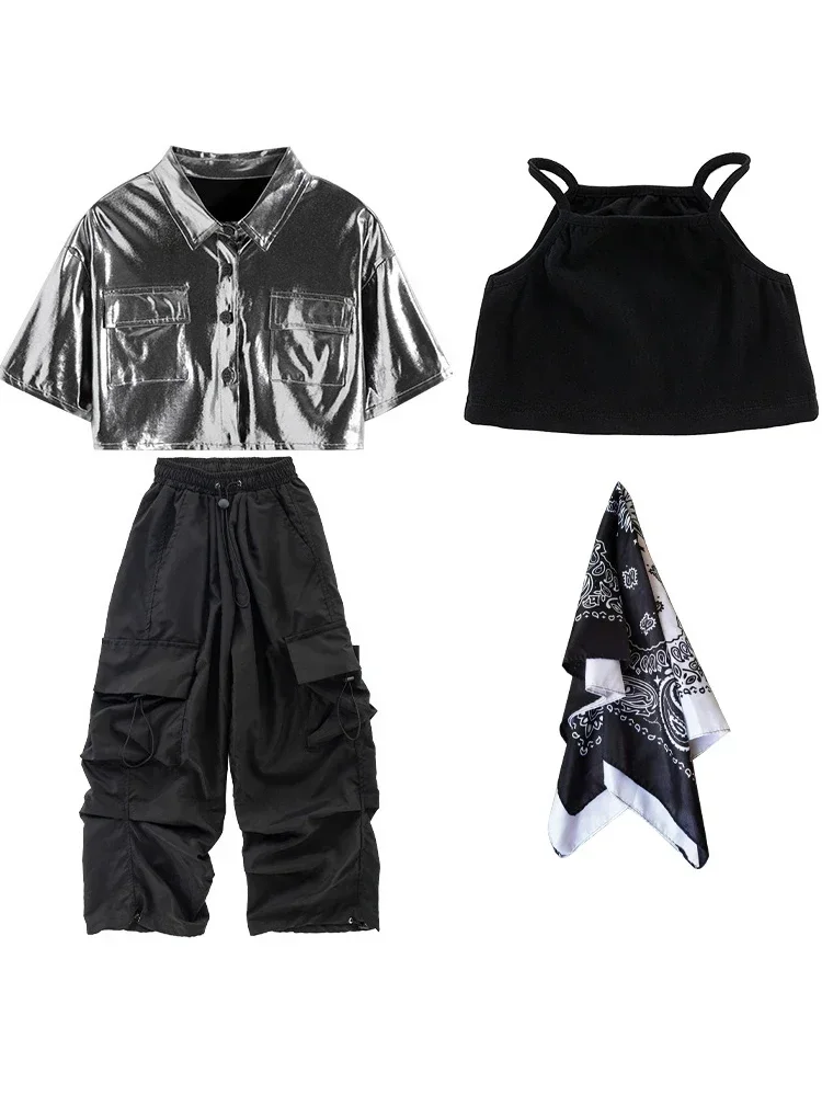 Silver Short Coat Black Cargo Pants Modern Kpop Clothing Kids Jazz Performance Stage Outfit Girls Hip Hop Dance Costume