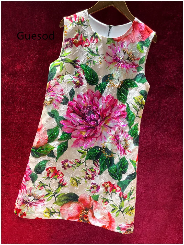 

Fashion Women Vintage Print Handmade Beading Luxury Slim Elegant Top Quality Sleeveless Streetwear Dress Summer 2022 New Arrive