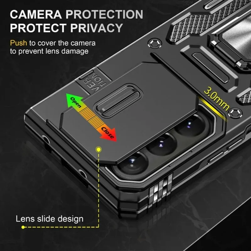 Military Armor Slide Lens Phone Case with Ring Stand and Magnetic Holder - Anti-Drop Protection Cover
