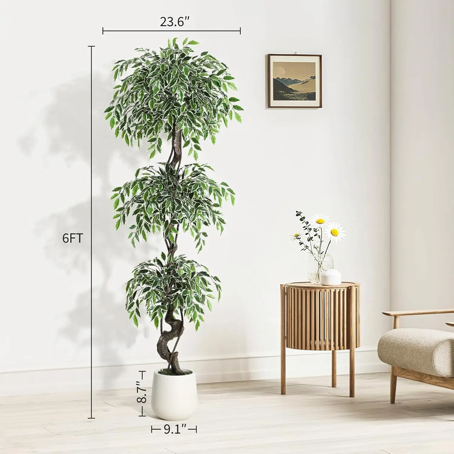 Künstlicher Ficus-Baum für die Inneneinrichtung im Innenbereich, künstlicher Bodenbaum, weißer Keramikimitat-Pflanzgefäß, lebensechter gefälschter Ficus-Baum – Detail 3