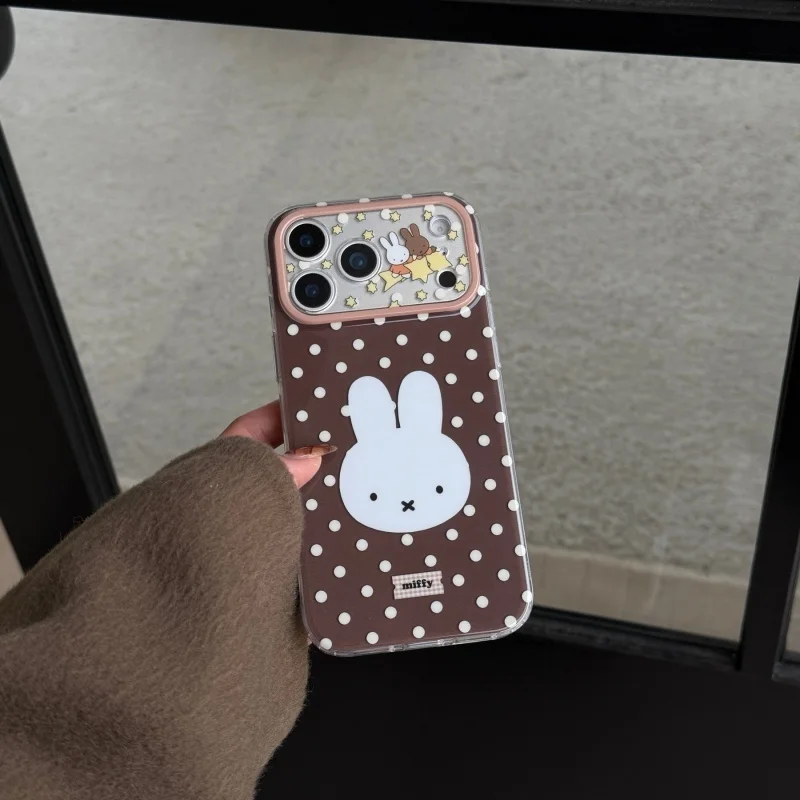 Luxury Cute cartoon Miffy brown white Polka Dots Phone Case For iPhone 16 15 14 13 17 Pro Max lovely Star Miffy Lens protect