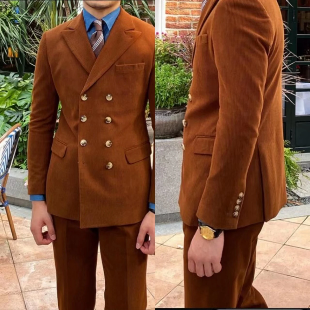 Classic Corduroy Men‘s Wedding Suit Peak Lapel Solid Color Groom Wear Double Breasted Tuxedos 2 Pieces  Jacket Pants Custom Made