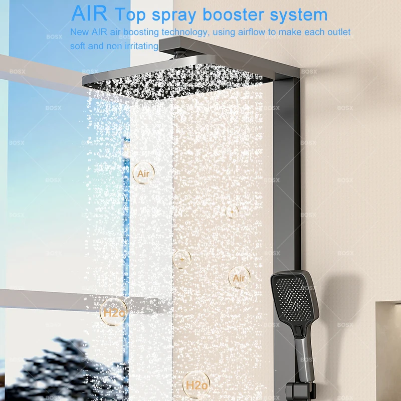 Grey Bathroom Shower Set Waist Spray Smart Digital Display Shower Faucet Full Set Hotel Apartment Bathtub Rainfall Shower System 3