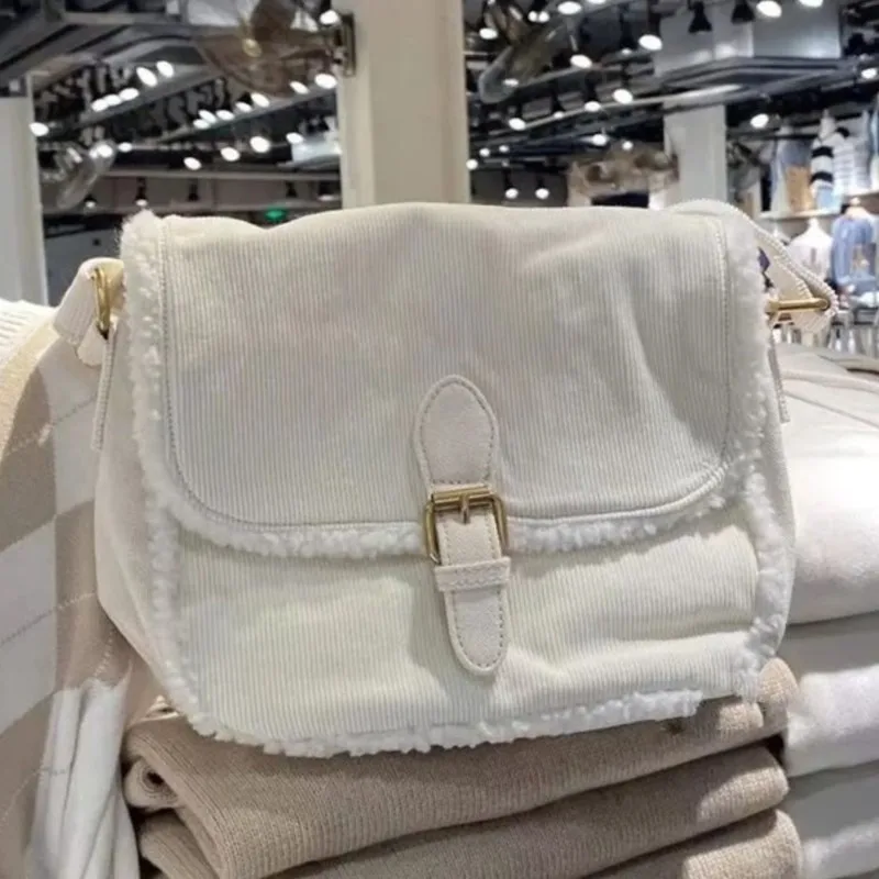 Beige Corduroy Plush Tote Bag Women Sweet Cute Square Large Capacity Shoulder Bags Ladies Casual Commute Versatile Crossbody Bag