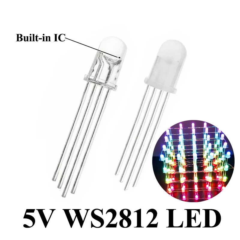 Светодиодный Rgb диод Dip, 5 В, Ws2812, 5 мм, F5, Круглый полноцветный прозрачный диффузный неоновый пиксель, дневной бескорпусный диод Ws2812b
