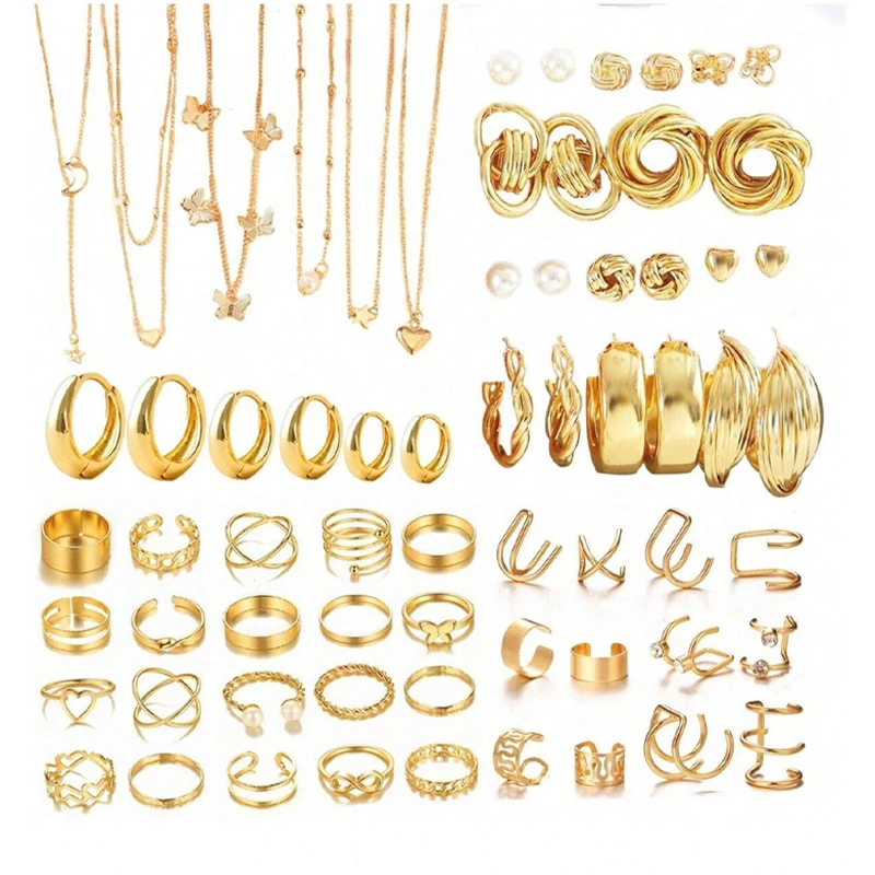 38-68 Pcs Simple Elegant Vintage Jewelry Set Butterfly Heart Pearl Rhinestone C-Shape Earrings,Necklace, Ring, Bracelet Set Gift