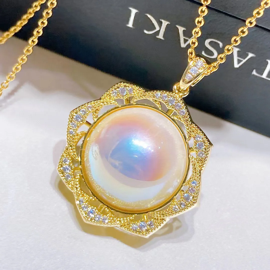 925 silver Flower shape pearl  imitation Marbel pendant retro elegant luxury  gilded jewelry