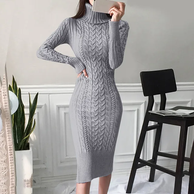 Autumn and Winter Womens Long Sleeve Turtleneck Sweater Dresses Warm Knitted Bodycon Pullovers Jumper Dresses Vestidos Largos 1