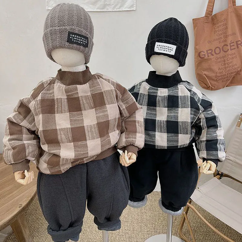 

Fashion Plaic Korean Kids Sweatshirts Children's Thicken Cotton Pullover Winter Warm Thickened Girls Boys Sweater for Children