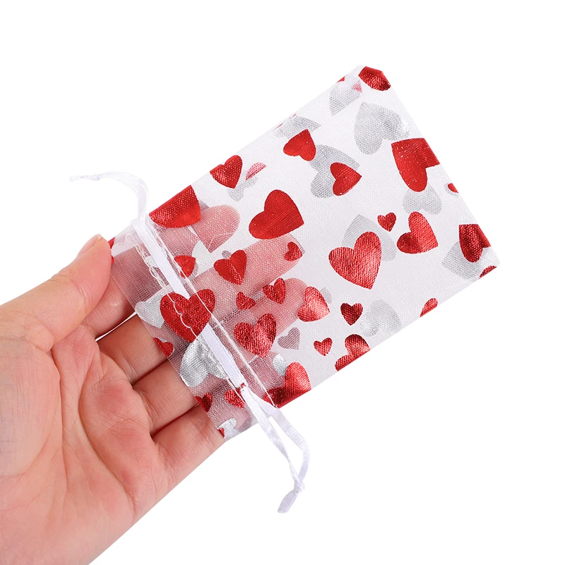 50pcs Red Love Heart Organza Bag Wedding Valentines Day Gift Candy Drawstring Bag Jewellery Display Pouches Birthday Party Decor