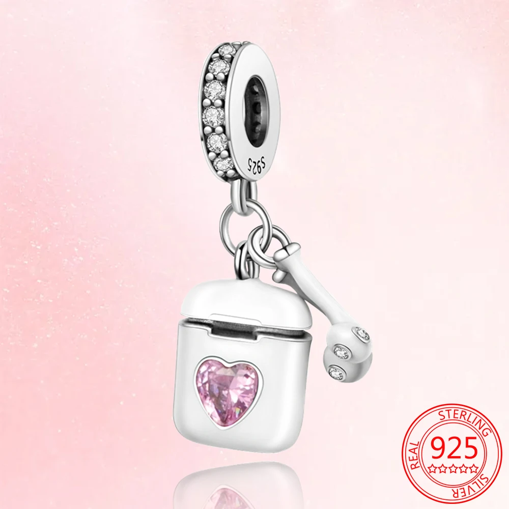 

NEW Pink Heart& Wireless Earphones Charm 925 Sterling Silver Beads Fit Original Bracelet Pendant for Women Jewelry Gift