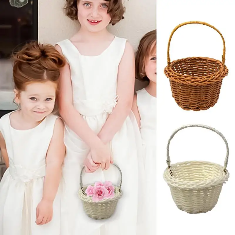 

Rattan Flower Girls Basket Silk Wedding Basket Flower Bride Kids Hand Held DIY Baskets For Wedding Ceremony Party Decorations