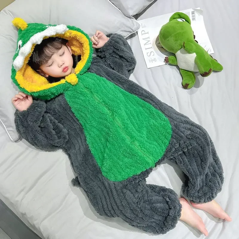 Children's Thick Coral Fleece Jumpsuit Little Girl's Autumn and Winter Cartoon Climbing Clothes Baby Flannel Hooded Home Clothes
