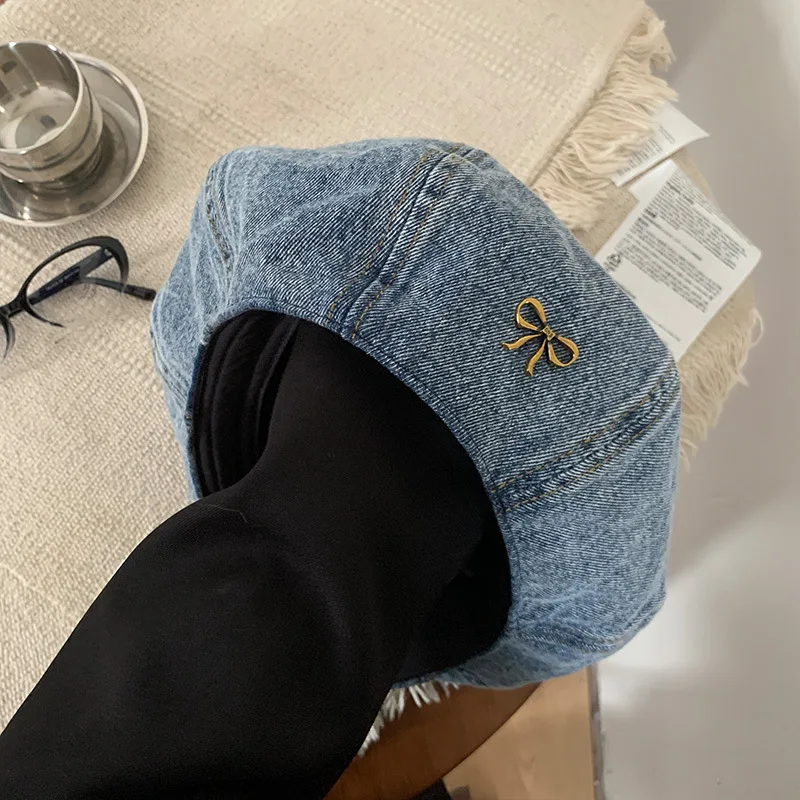 Bow Washed Denim Light Blue Beret Womens Spring and Autumn Korean Version Versatile Hat Cloud Bud Octagonal Hat Trend
