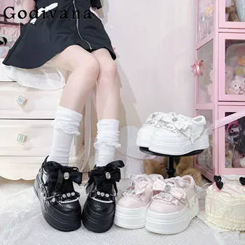 Scarpe da muffin con plateau serie Mine originale giapponese, fiocco in nastro con strass, dolce ragazza fresca, uniforme Jk, scarpe singole Mary Jane 1