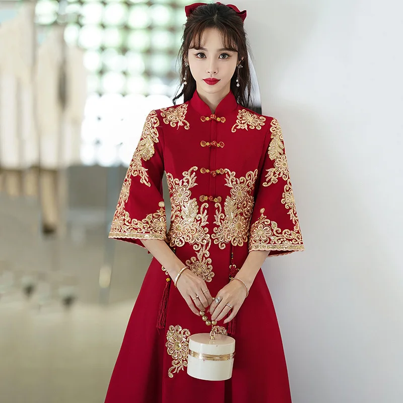 

Yourqipao Summer Plus Size Red Toast Dress Bride Cheongsam Dress Chinese Style Wedding Engagement Toast Qipao Dress for Women