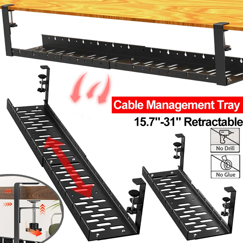 Premium Retractable Under-Desk Cable Tray — 15 to 31 inch