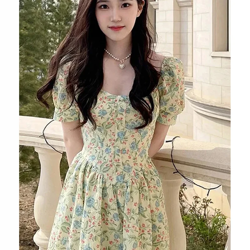 

New Fashion French Short Sleeve Floral Dress for Women 2023 Casual Summer Beach Dress Chiffon Evening Party Dresses Robe 27803