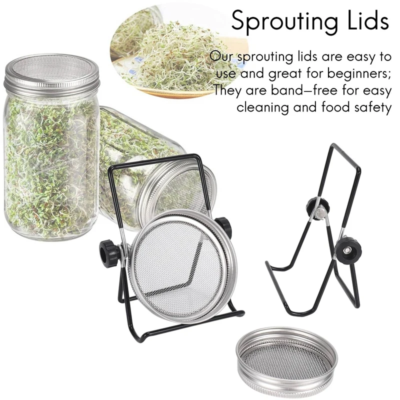 Sprouting Jar Mesh Lids Kit - 4 Pcs Sprouting Lids Stainless Steel Screen 2 Sprouting Stands Pack Foldable Adjustable