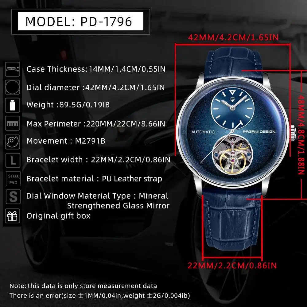 PAGANI DESIGN 42mm Mechanical Watch Automatic Movement Tourbillon Watch Stainless Steel 100m Waterproof PU Leather Strap