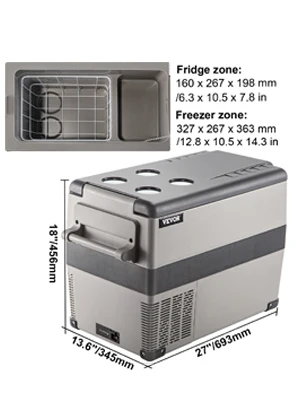 VEVOR 12 volt refrigerator with dimensions and separate fridge and freezer zones.