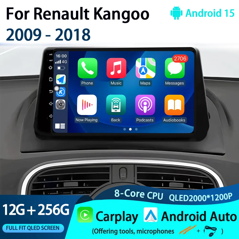 Radio de coche Carplay para Renault Kangoo 2009 - 2018 navegación GPS reproductor Multimedia Android Auto estéreo No 2din Android 15 1