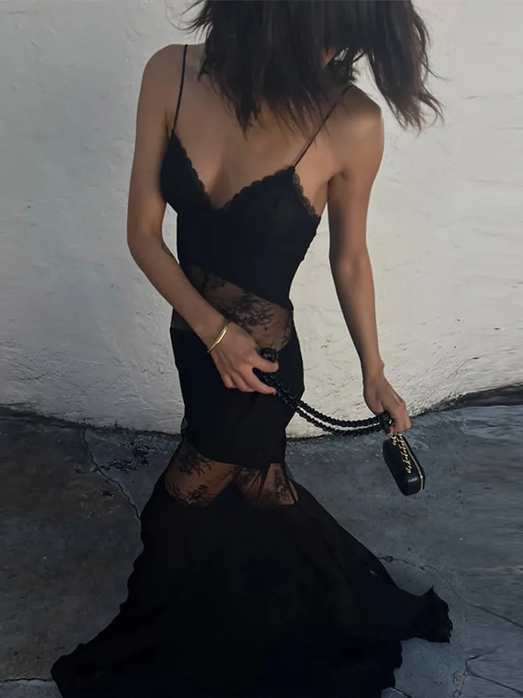 Sexy Lace Sling Dress Women See Through Backless Hollow Out Sleeveless Robe Female 2025 Fashion Beach High Waist Dresses Lady 5