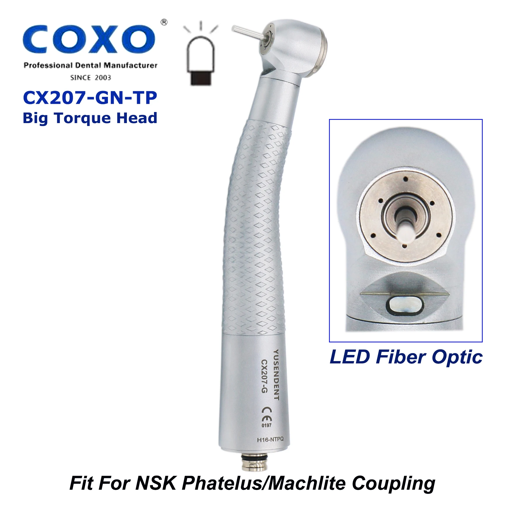 

COXO YUSENDENT Dental High Speed Fiber Optic Air Turbine LED Handpiece Big Torque Head Fit NSK Phatelus Machlite Coupling 6Pin