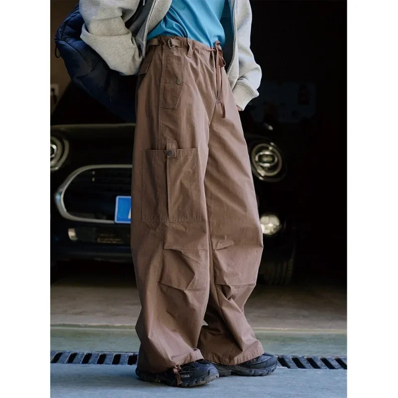 Women Cargo Wide Leg Pants Casual Army Green Spring Street Pocket Loose Slim Thin Trousers Coffee Streetwear Drawstring Baggy