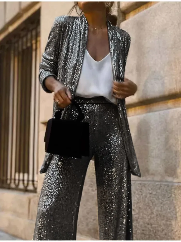 

Брюки с широкими штанинами, комплект из 2 предметов, Модные свободные уличные женские комплекты, блестящий Блестящий брючный костюм с расклешенными штанинами, Женское пальто с длинным рукавом