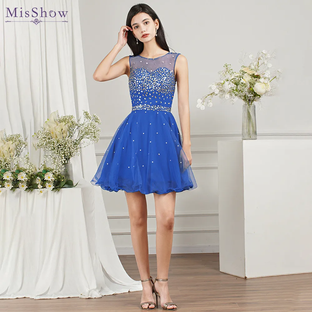 MisShow Soft Tulle Royal Blue Short Women Dresses Luxury Crystals Stones Puffy Mini Dress for Evening Prom Party Vestido Corto